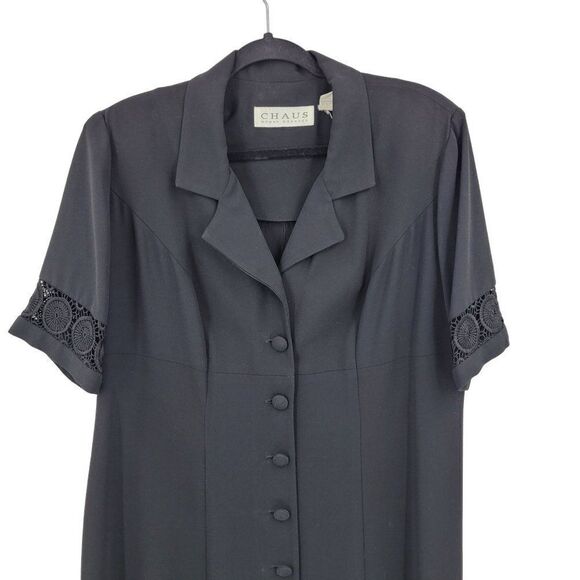 Vintage 80's Chaus Shift Dress 14W Black Button Front‎ Lace Pleated Ruffle Hem - Picture 4 of 10